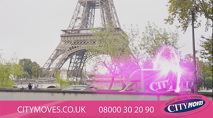 Screenshot of The Hollywood Experience Package for our client City Moves, the image shows a City Moves Van emerging from a pink portal in Paris, with The Eiffel Tower in the background and the City Moves contact details across the bottom.