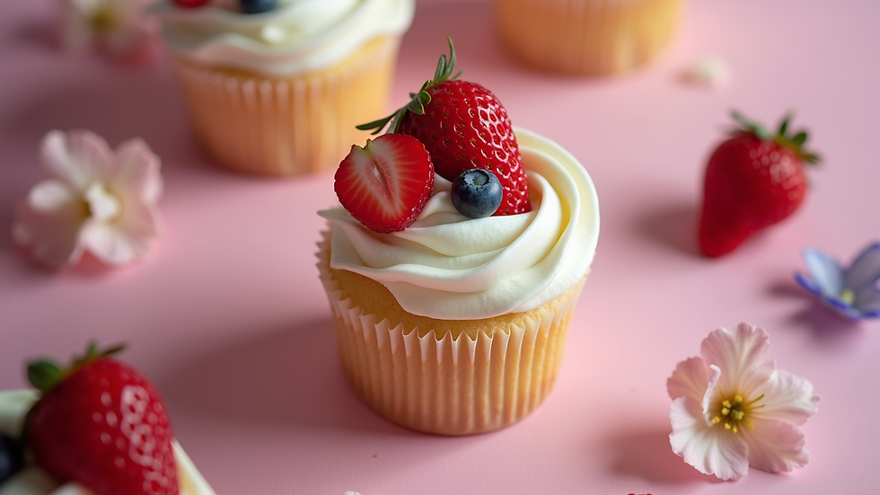 Close-up view of a beautifully decorated cupcake with fresh fruit and edible flowers