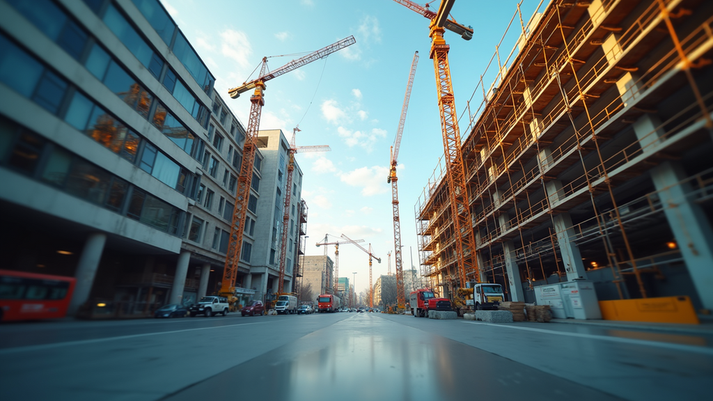 Eye-level view of a modern construction site with cranes and scaffolding