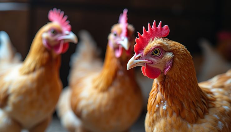 Close-up view of a chicken coop showing affected poultry with signs of coccidiosis