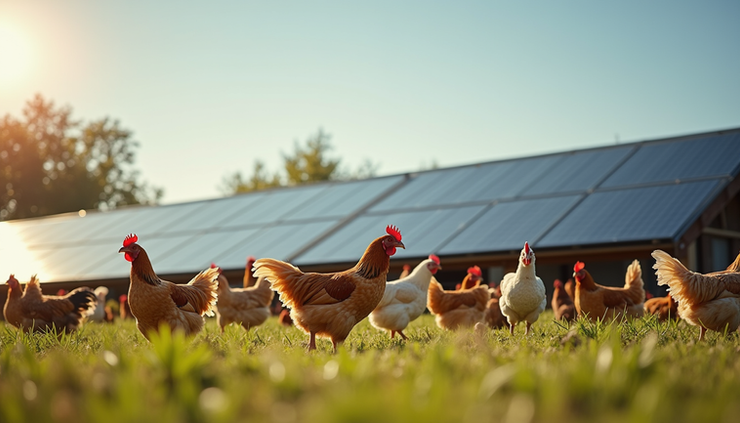 Eye-level view of a poultry farm with solar panels installed on the roof