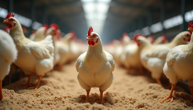 Eye-level view of a broiler chicken house with clean litter and ventilation