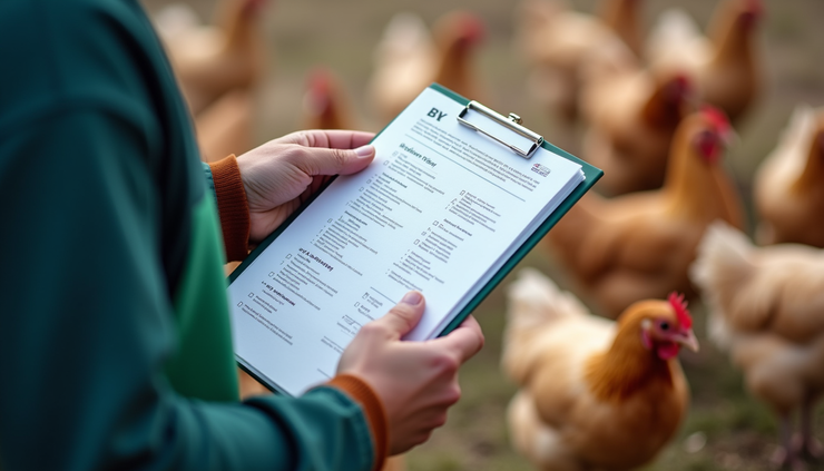 High angle view of poultry farm biosecurity checklist on clipboard