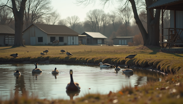 Eye-level view of a farm pond frequented by wild waterfowl