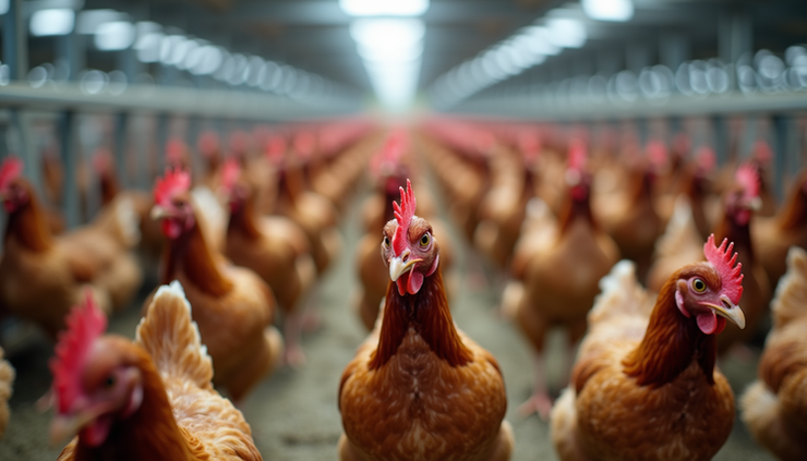 Eye-level view of a large poultry farm with rows of chickens in the European Union