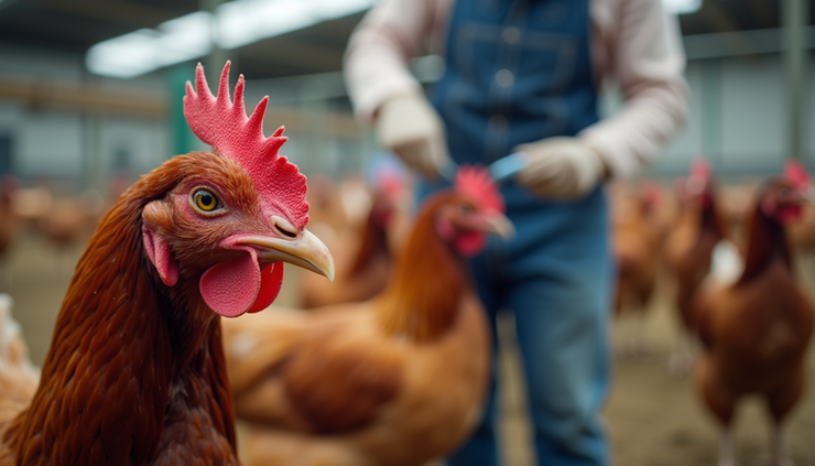 Eye-level view of a poultry farm worker administering vaccine to chickens in a controlled environment