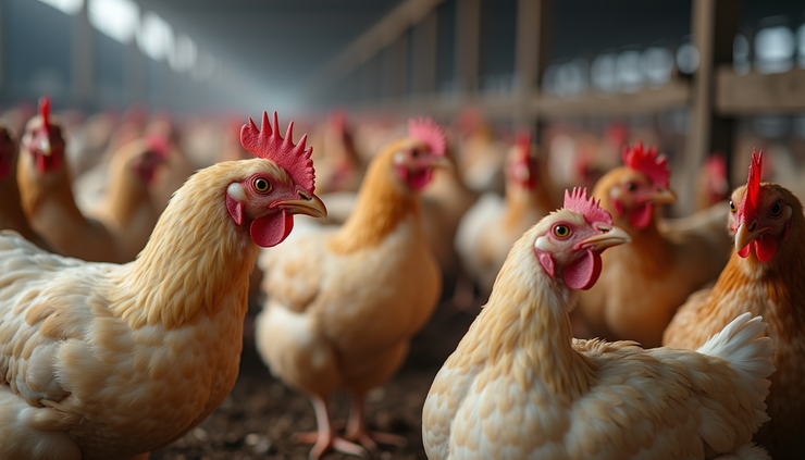 Close-up view of healthy broiler chickens feeding in a spacious poultry house