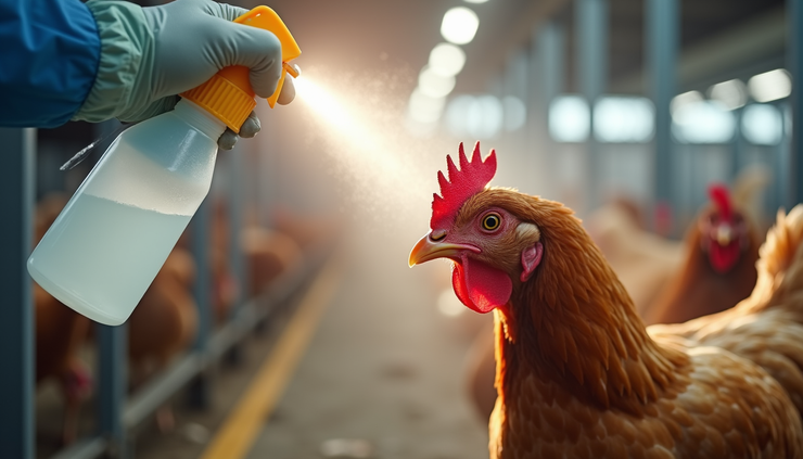 Close-up view of disinfectant spray being applied to poultry equipment