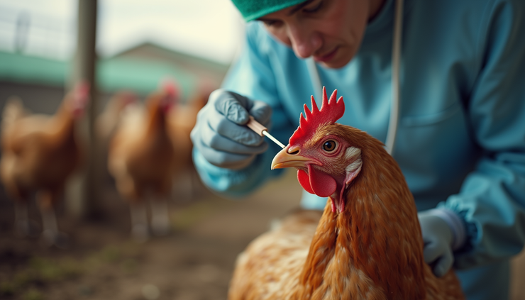 Eye-level view of a veterinarian collecting samples from a sick chicken for laboratory testing