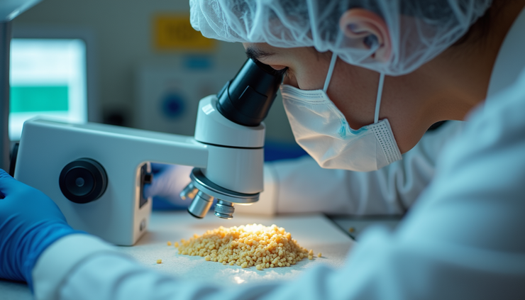 Eye-level view of a laboratory technician examining poultry fecal samples under a microscope