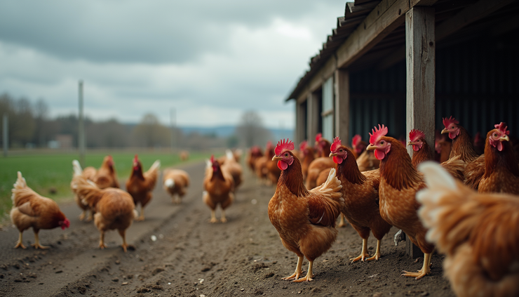 Eye-level view of a poultry farm with chickens in an open coop during a cloudy day