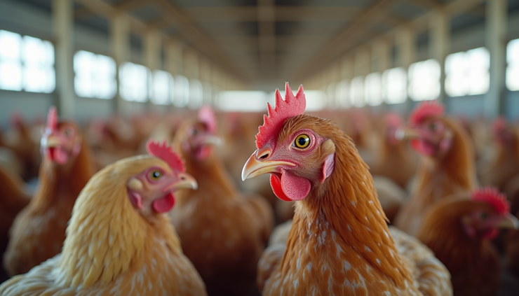 Close-up view of healthy broiler chickens in a clean poultry house