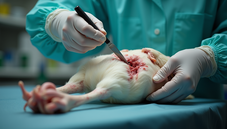 Close-up view of a veterinarian performing necropsy on a broiler bird