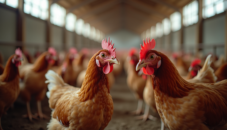 Eye-level view of a poultry house showing chickens evenly spaced across the floor