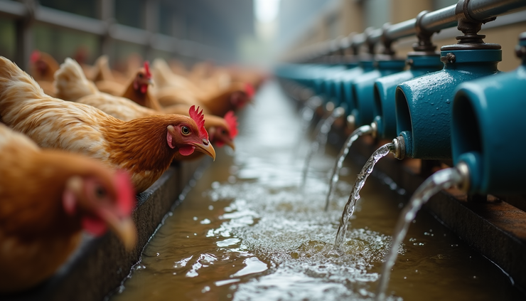 High angle view of a poultry house water system with clean water flowing through pipes and drinkers