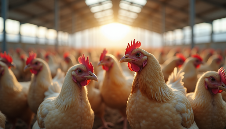 Eye-level view of a well-ventilated poultry house with healthy broilers