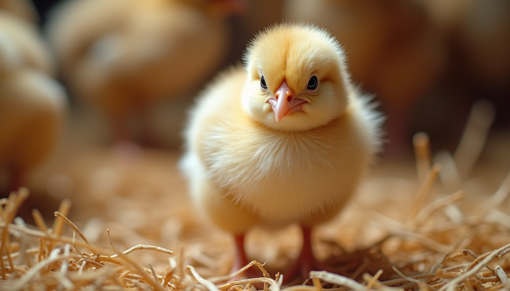 Close-up view of a healthy day-old chick resting on straw bedding