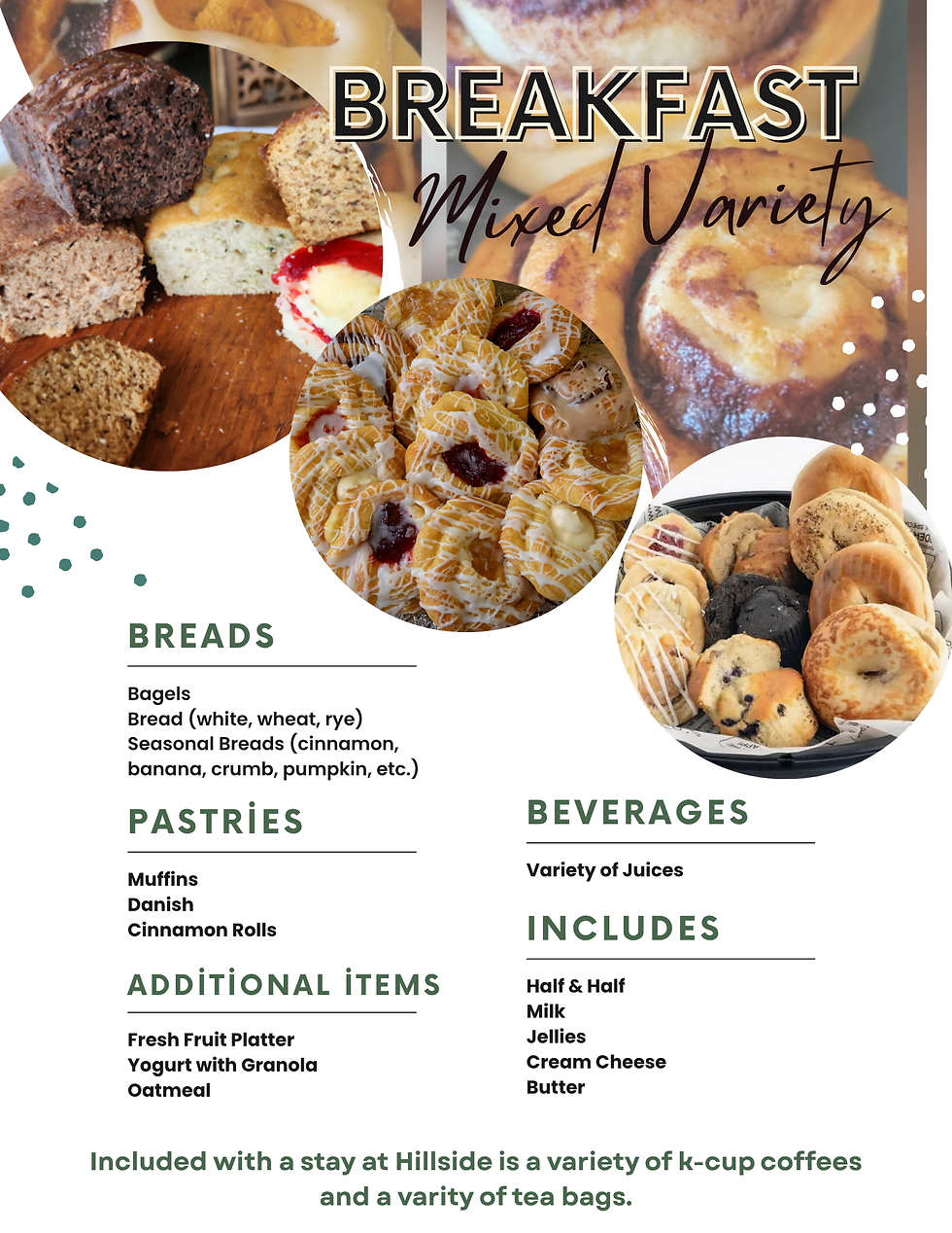 Kane's Kupcakes & Treats breakfast package menu for Hillside Hideaway Retreat
