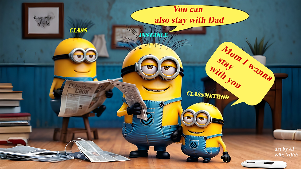 Minion family. baby minion representing the classmethod is standing next to bigger minion representing the class instance. Another minion sitting and readign newspaper.