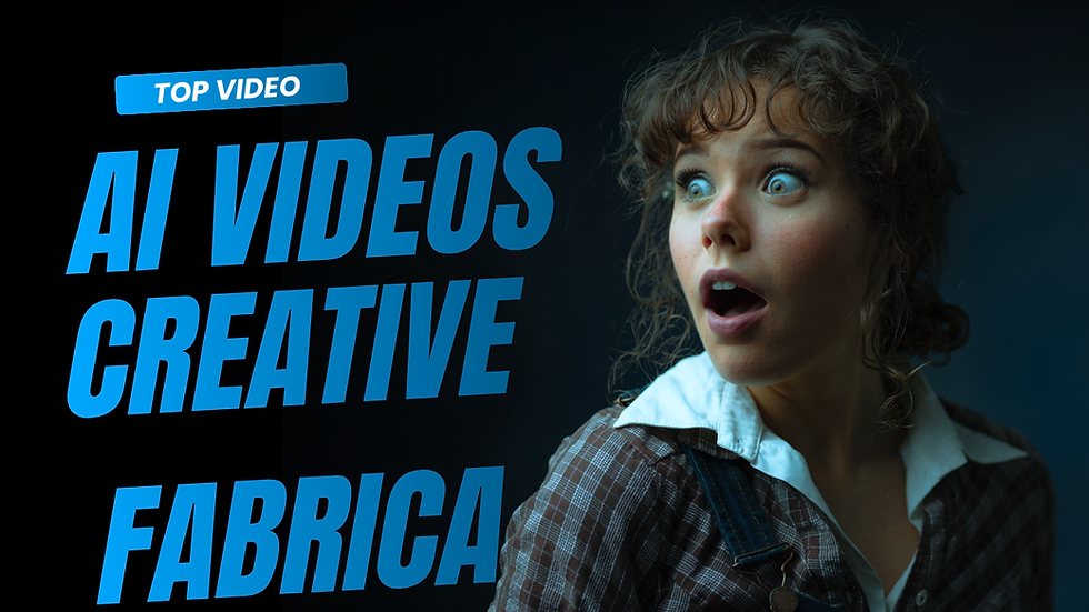 YouTube thumbnail with bold text 'AI Videos Creative Fabrica' and a surprised woman reacting with excitement against a dark background.