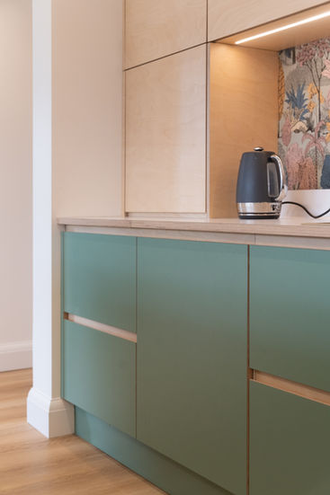 Close up of a green laminated plywood kitchen with birch wall units