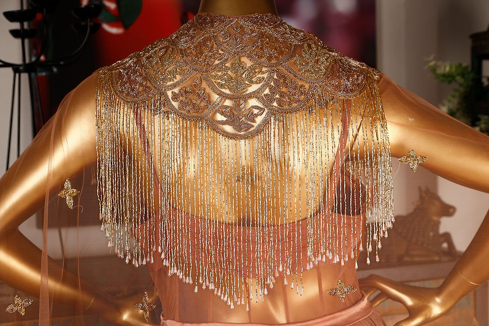 थंबनेल: embroidered gown with a cape.
