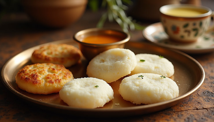 Close-up view of a plate with dosa, idli, and a bowl of kanji on a traditional Indian table setting