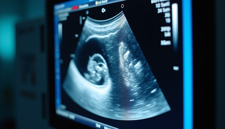 Close-up view of a breast ultrasound machine screen showing a detailed image of breast tissue
