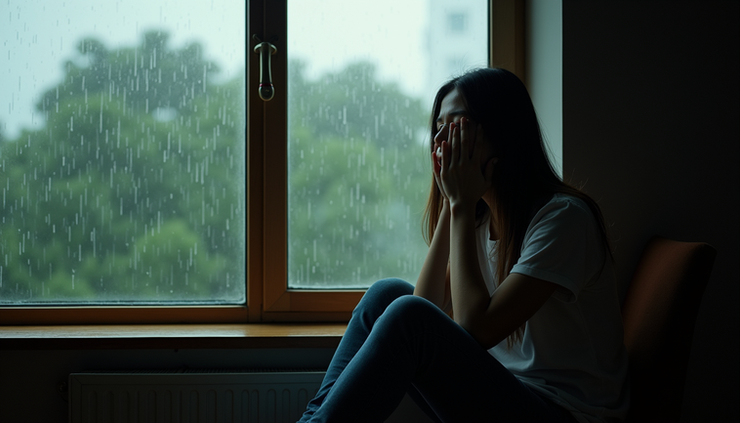 Eye-level view of a person sitting by a window watching raindrops on glass