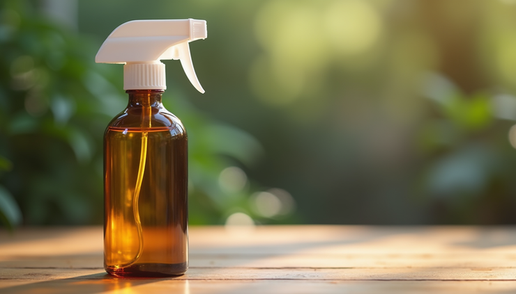 Close-up view of a bottle of chemical mosquito repellent oil on a wooden surface