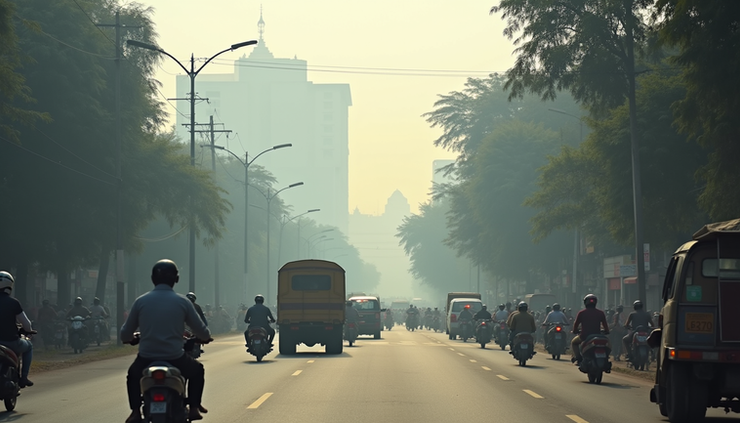 Eye-level view of a busy street in Kharagpur with visible haze and traffic