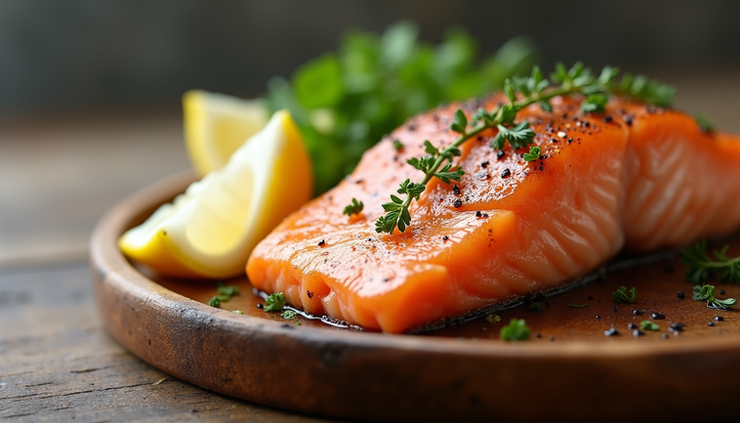 Close-up view of a grilled salmon fillet with lemon slices on a wooden plate