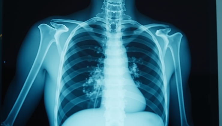 Close-up view of an X-ray machine scanning a human chest