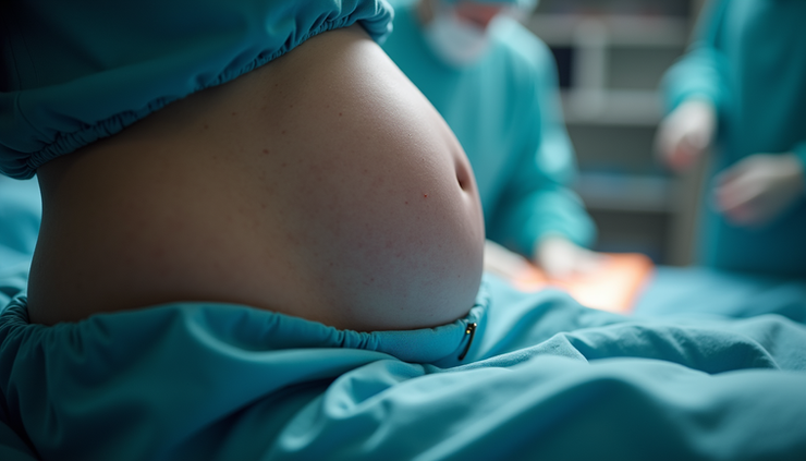 Close-up side view of ultrasound transducer on lower abdomen during pelvic ultrasound