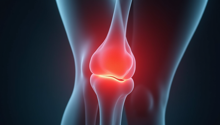 Close-up view of inflamed knee joint showing swelling and redness