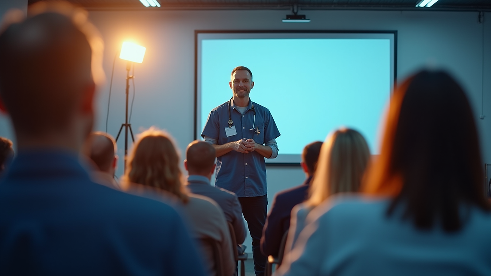 Close-up view of a healthcare seminar with a speaker addressing an audience
