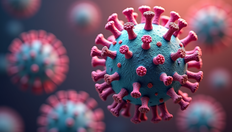 Close-up view of a virus model showing genetic strands and structure