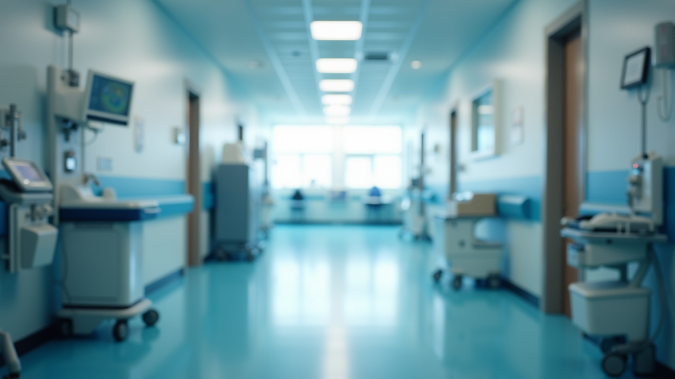 Eye-level view of a modern hospital corridor with medical equipment