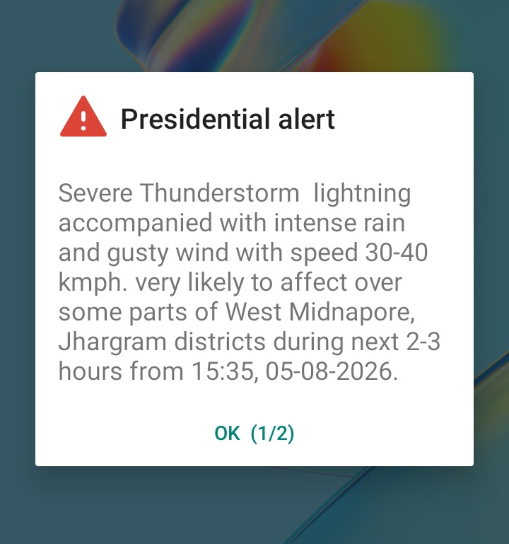 🚨 PRESIDENTIAL WEATHER ALERT | WEST BENGAL 🚨
🌩️ Severe Thunderstorm Warning
🌧️ Intense Rainfall
💨 Gusty Winds: 30–40 km/h
⚡ Lightning Risk
Parts of West Midnapore & Jhargram were warned of severe thunderstorms, intense rain and strong gusty winds during the next 2–3 hours.