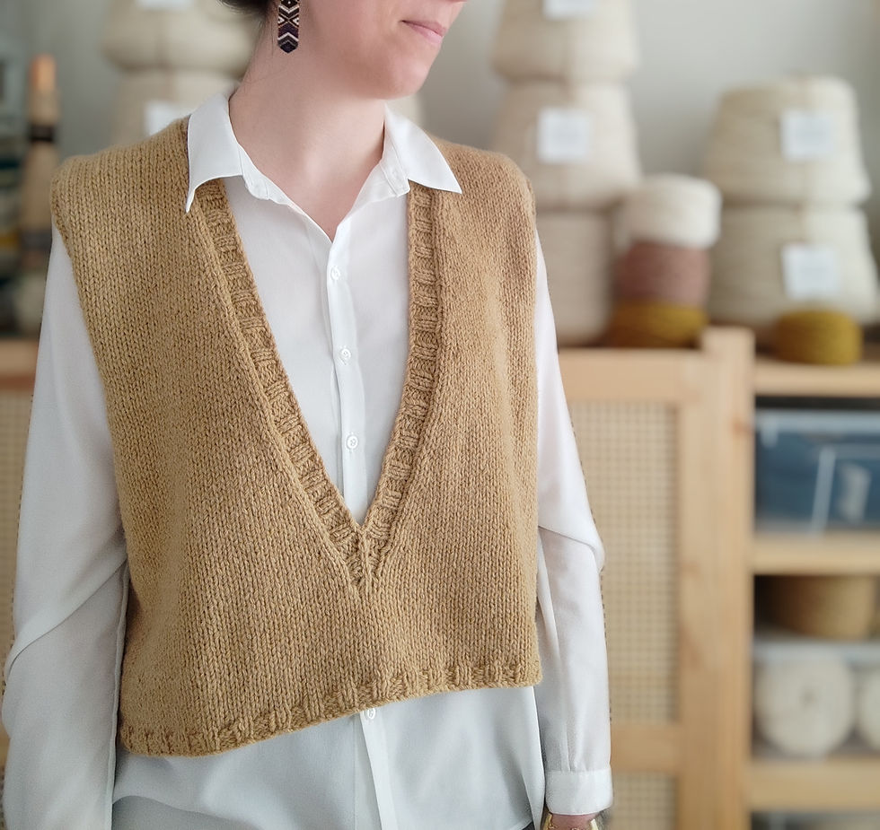 Veste Capital V de Rosa Pomar, tricotée avec le fil azun worsted, laine naturelle des Pyrénées de Knitty and Woolly
