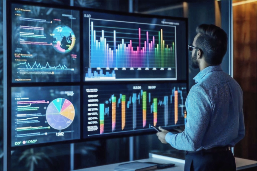 Analyst reviewing energy and equipment data on multi-screen displays