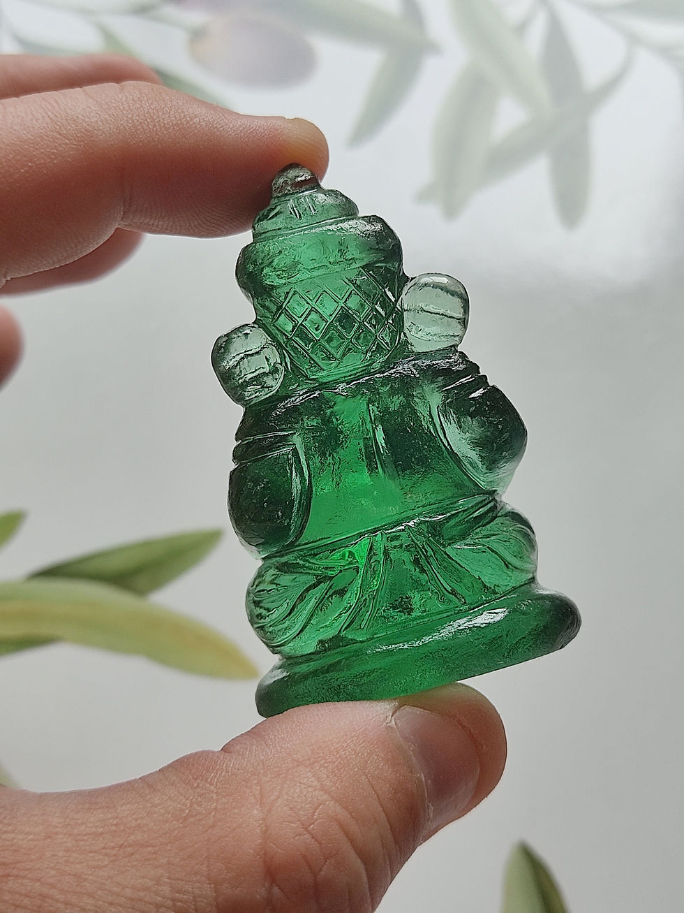 Thumbnail: Lord Ganesh Cintamani "Wish Fulfilling" Carving (Emerald Green) - Balanced Grou