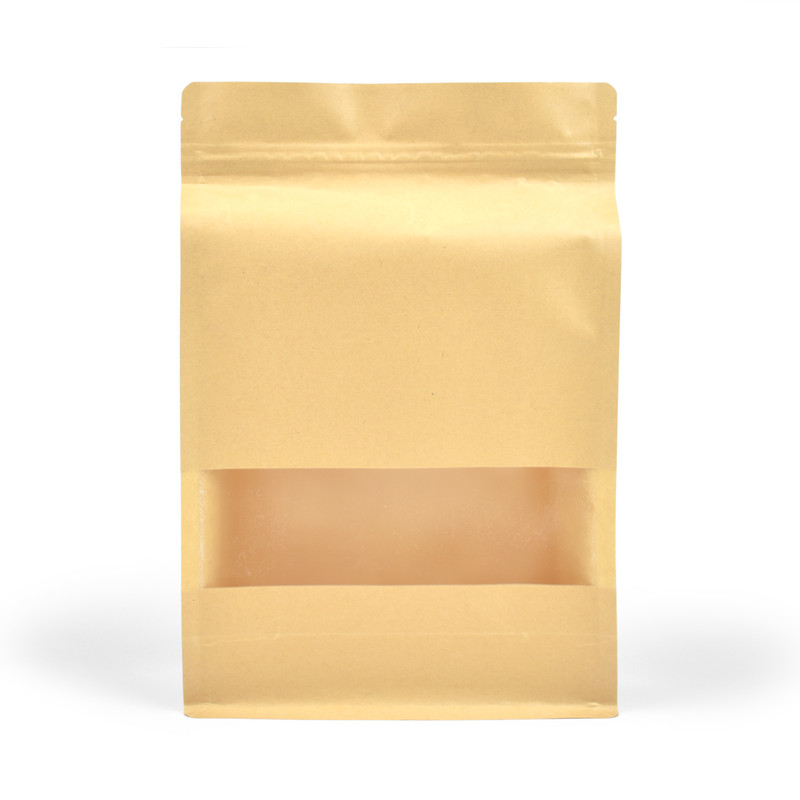 Standup Flat Bottom Windowed Kraft Food Pouches, ZipLock, HeatSeal -180x280x80mm view 4