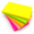 Stack of 5 pads of rectangular sticky notes, each pad in different neon colours of yellow, green, orange, peach, pink.