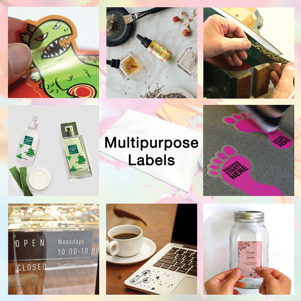 Thumbnail: A4 Transparent Glossy Sticker Vinyl sticker showing nine different uses of the sticker.