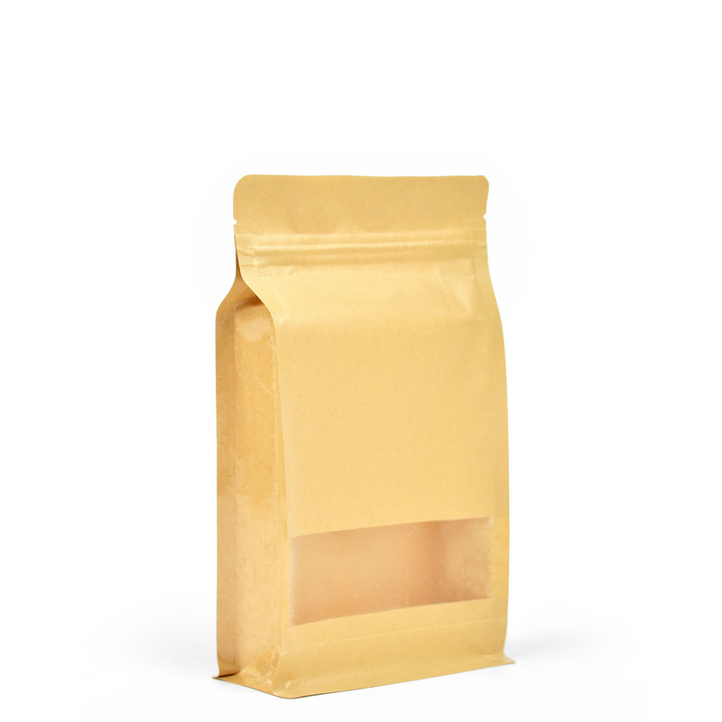Standup Flat Bottom Windowed Kraft Food Pouches, ZipLock, HeatSeal -140x240x60mm