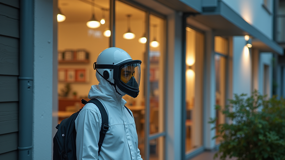 High angle view of a pest control technician inspecting a commercial property exterior