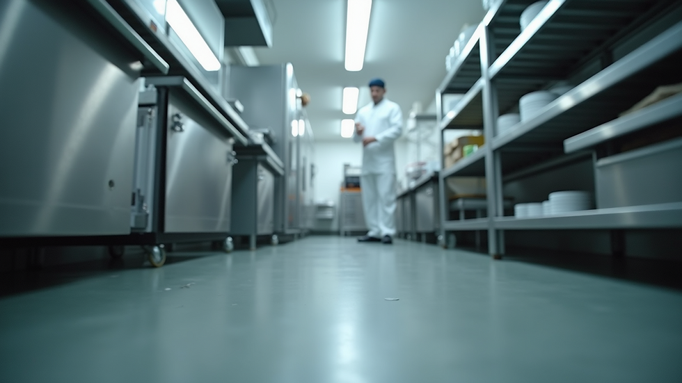 Eye-level view of a clean commercial kitchen with pest control measures