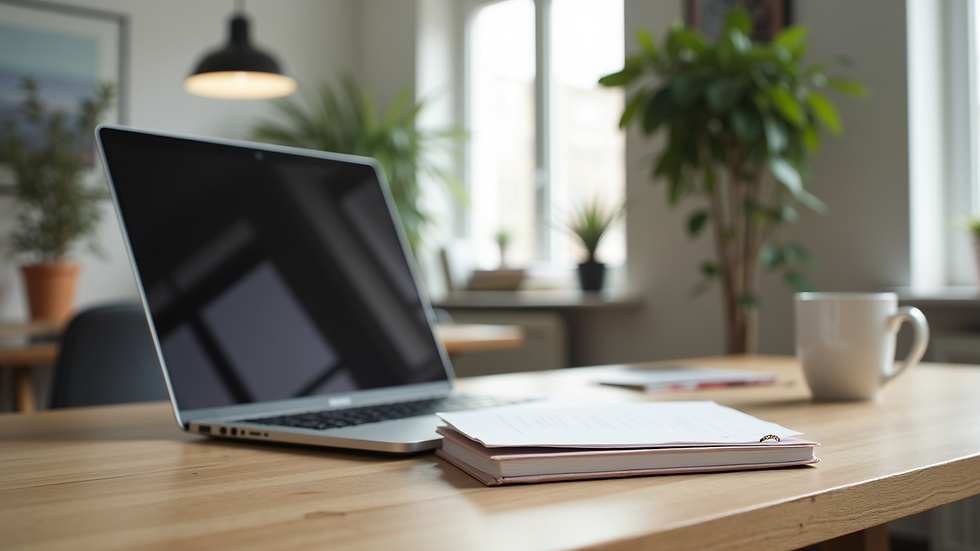 Eye-level view of a modern office desk with a laptop and wellness journal
