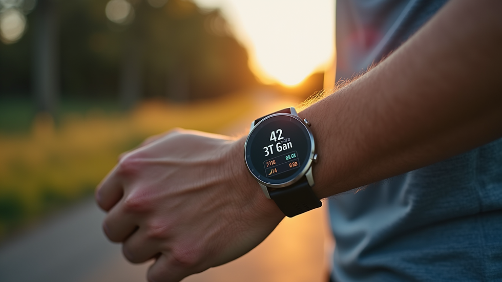 Close-up view of a smartwatch displaying health metrics during a workout
